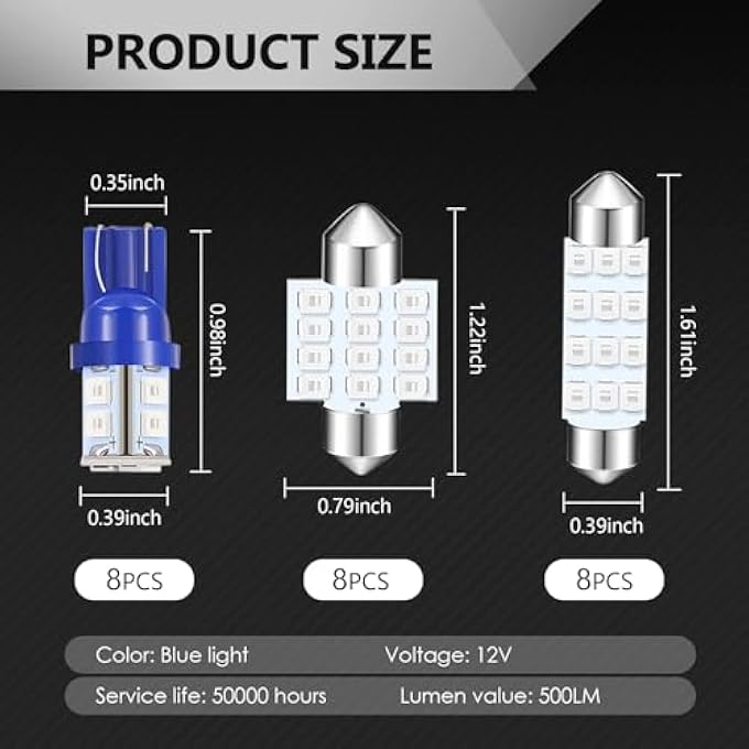 TERRIFI Led Car Bulb Kit 24 Pack Blue T10 31 Mm 42 Mm Dome Light Festoon Interior Lights Used For Car Interior Lights Indoor Map Dome Lights Trunk Lights License Lights - Image 3