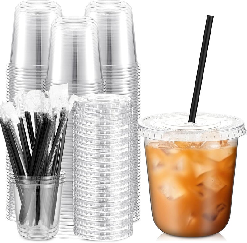 Ziliny 100 Set 12 16oz Clear Plastic Cups with Lids and Straws, Disposable Iced Coffee Cups PET Drinking Cups for Cold Beverage Juice Parfait Smoothie Milkshake Coffee Shops Party Supplies (12 oz) - Image 1