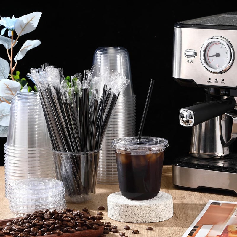 Ziliny 100 Set 12 16oz Clear Plastic Cups with Lids and Straws, Disposable Iced Coffee Cups PET Drinking Cups for Cold Beverage Juice Parfait Smoothie Milkshake Coffee Shops Party Supplies (12 oz) - Image 2