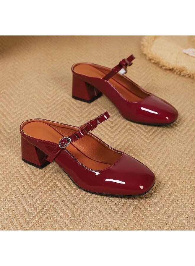 Retro Burgundy Mary Jane Pumps | Single-Strap Chunky-Heel Slip-On Closed-Toe Design - Image 1