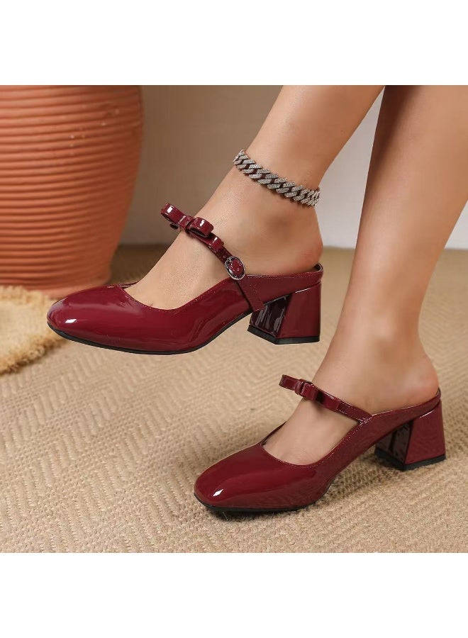 Retro Burgundy Mary Jane Pumps | Single-Strap Chunky-Heel Slip-On Closed-Toe Design - Image 2