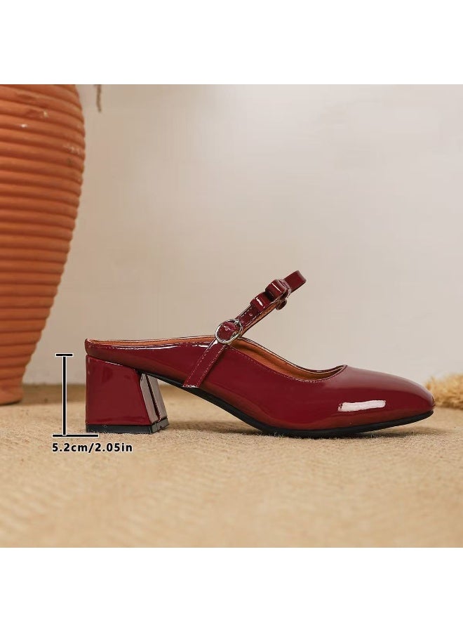 Retro Burgundy Mary Jane Pumps | Single-Strap Chunky-Heel Slip-On Closed-Toe Design - Image 5
