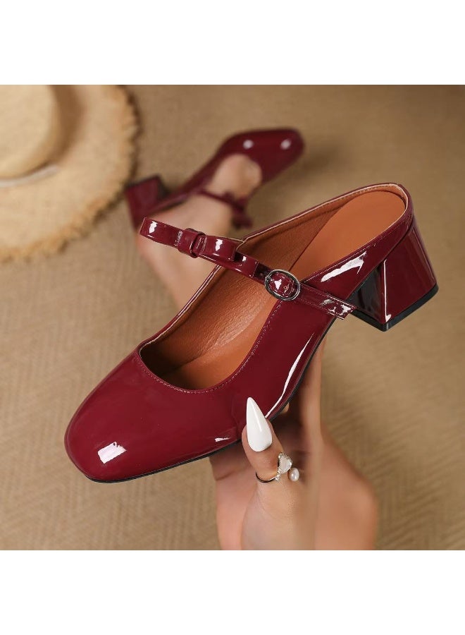 Retro Burgundy Mary Jane Pumps | Single-Strap Chunky-Heel Slip-On Closed-Toe Design - Image 4