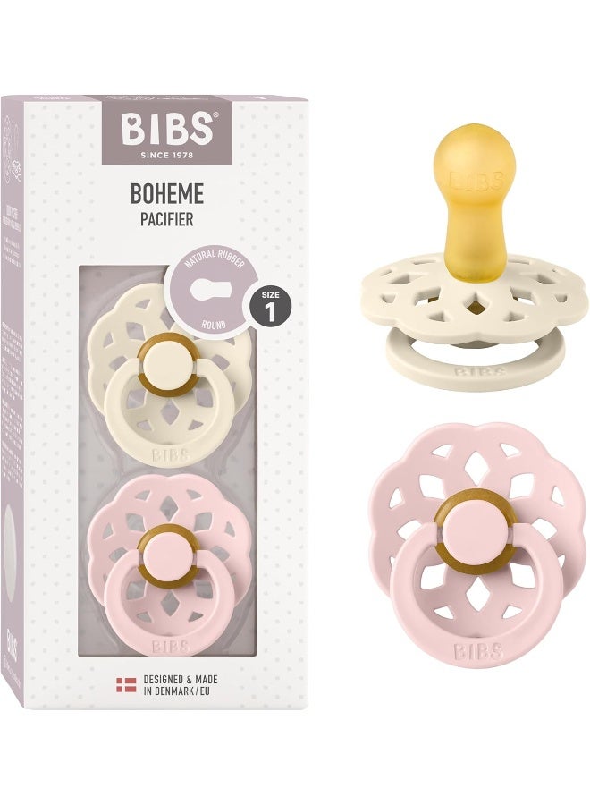 Bibs Boheme Natural Rubber Latex Round Pacifier Size 1-0-6M 2-Pack - Ivory/Blossom - Image 1