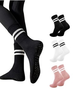 Fazza 3 Pairs Non Slip Socks, Women Fashion All Season Socks, Sports Casual Simple Striped Colors, for Pilates Yoga, Barre Ballet Dance, Fitness, Football, Mid-Tube Socks Free Size  - Image 1