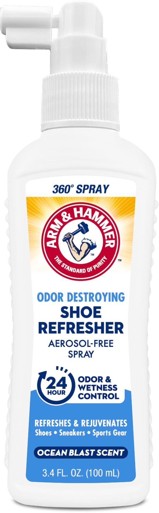 Arm Hammer Shoe Refresher Spray Odor Eliminator for Sneakers 24 Odor Wetness Control AerosolFree Shoe Deodorizer Spray Ocean Blast Scent 34 oz