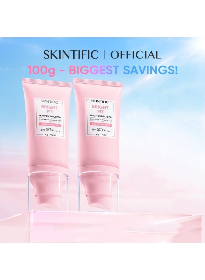 SKINTIFIC Bright Fit Serum Sunscreen SPF50+ PA++++, UV Tone Up Tinted Sunscreen with Niacinamide, Brightening & Even Skin Tone Formula, Broad Spectrum UVA UVB Protection, Lightweight Serum Texture for Daily Use, Pack of 2 - Image 1