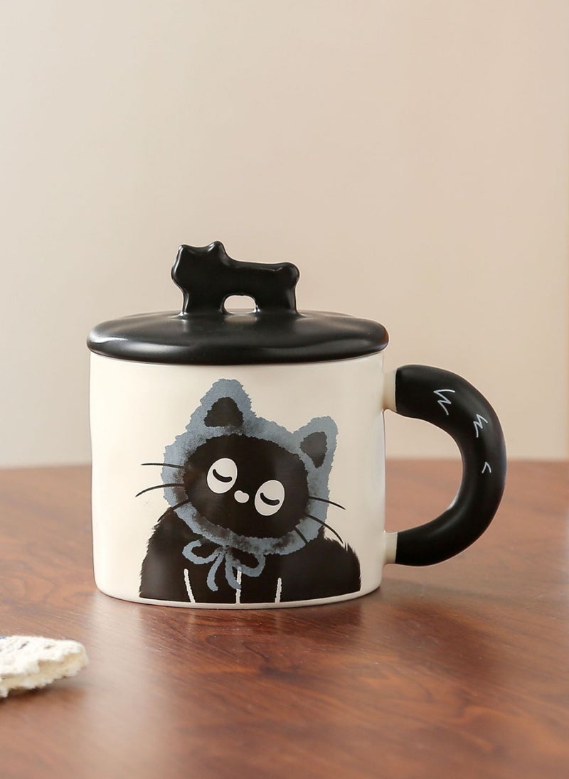 Ceramic Mug With Lid, Cute Little Black Cat, For Coffee Tea Cold Drinks, Microwave & Dishwasher Safe, 370Ml - Image 1