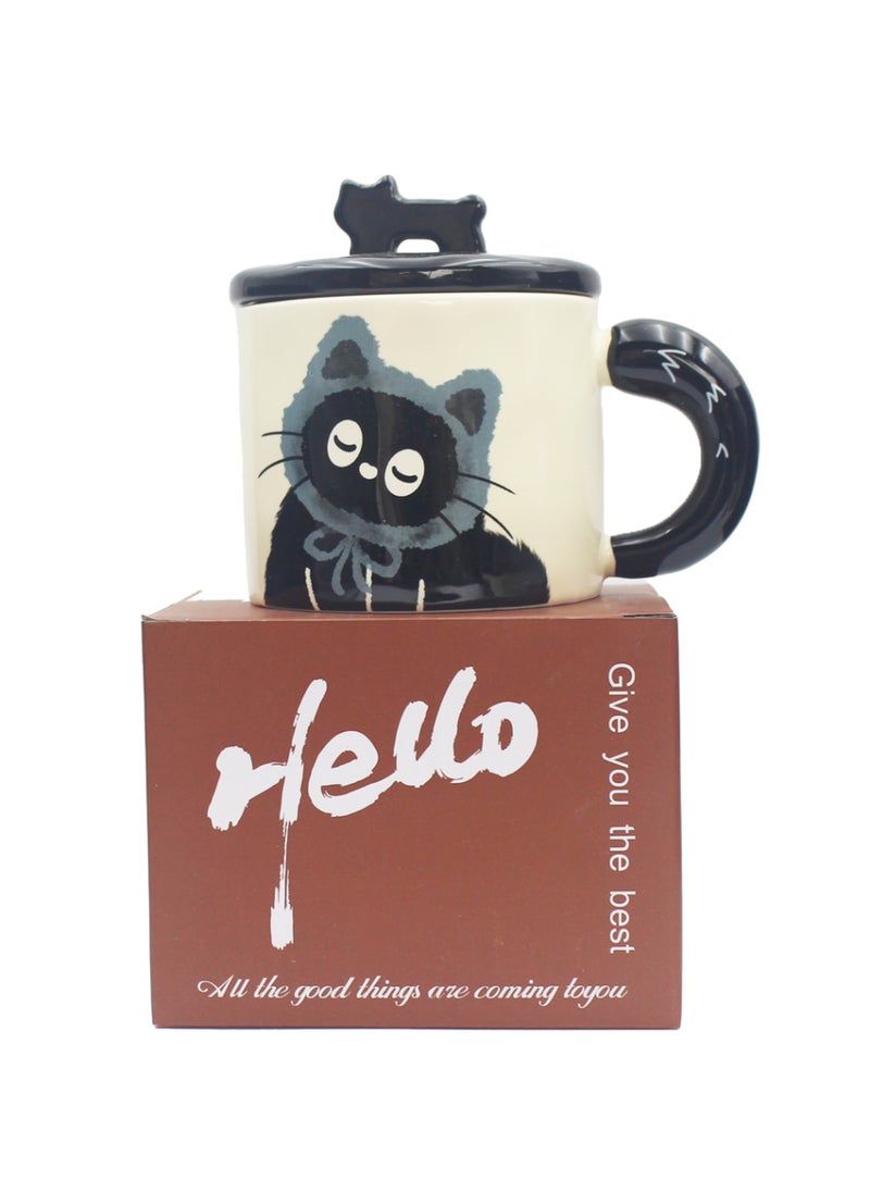 Ceramic Mug With Lid, Cute Little Black Cat, For Coffee Tea Cold Drinks, Microwave & Dishwasher Safe, 370Ml - Image 2