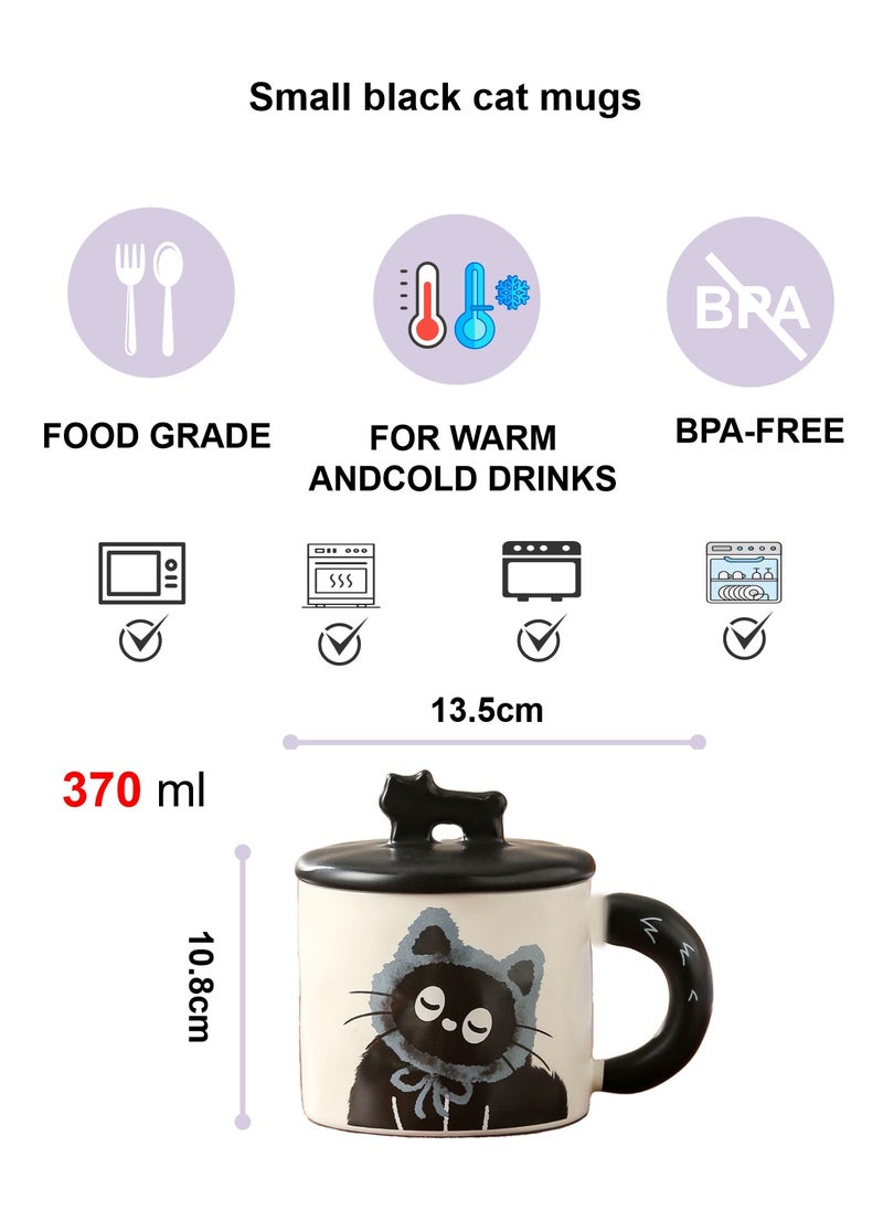 Ceramic Mug With Lid, Cute Little Black Cat, For Coffee Tea Cold Drinks, Microwave & Dishwasher Safe, 370Ml - Image 3