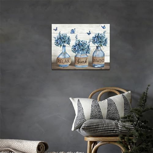 Tijuboni Farmhouse Bathroom Decor Wall Art Rustic Navy Blue Hydrangea Flower Pictures Canvas Prints Country Relax Soak Unwind Bathroom Sign Butterfly Artwork Modern Home Decor Ready to Hang 12"x16" - Image 5