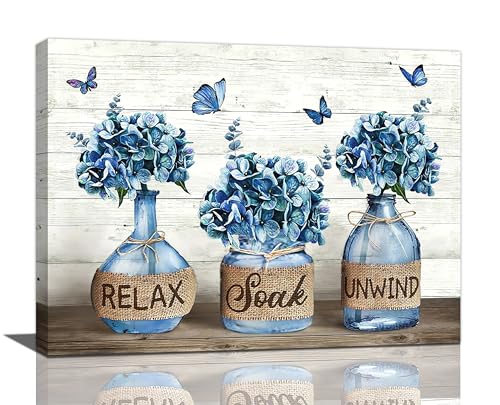 Tijuboni Farmhouse Bathroom Decor Wall Art Rustic Navy Blue Hydrangea Flower Pictures Canvas Prints Country Relax Soak Unwind Bathroom Sign Butterfly Artwork Modern Home Decor Ready to Hang 12"x16" - Image 1