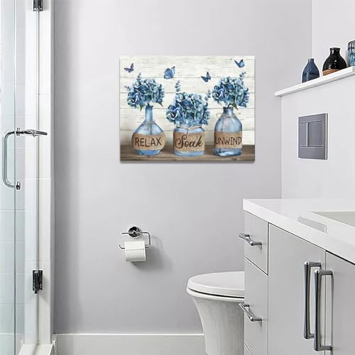 Tijuboni Farmhouse Bathroom Decor Wall Art Rustic Navy Blue Hydrangea Flower Pictures Canvas Prints Country Relax Soak Unwind Bathroom Sign Butterfly Artwork Modern Home Decor Ready to Hang 12"x16" - Image 2
