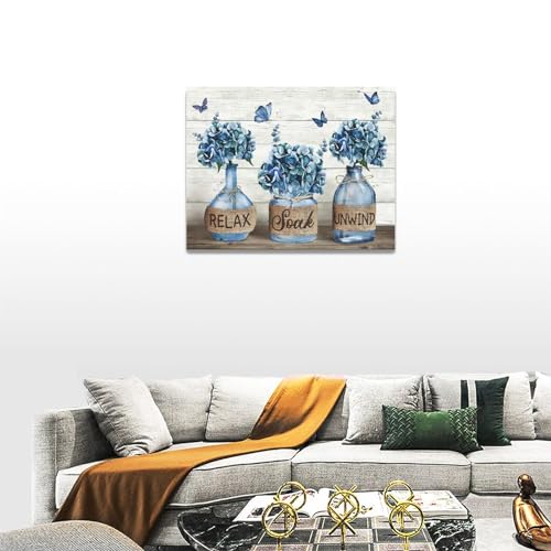 Tijuboni Farmhouse Bathroom Decor Wall Art Rustic Navy Blue Hydrangea Flower Pictures Canvas Prints Country Relax Soak Unwind Bathroom Sign Butterfly Artwork Modern Home Decor Ready to Hang 12"x16" - Image 3