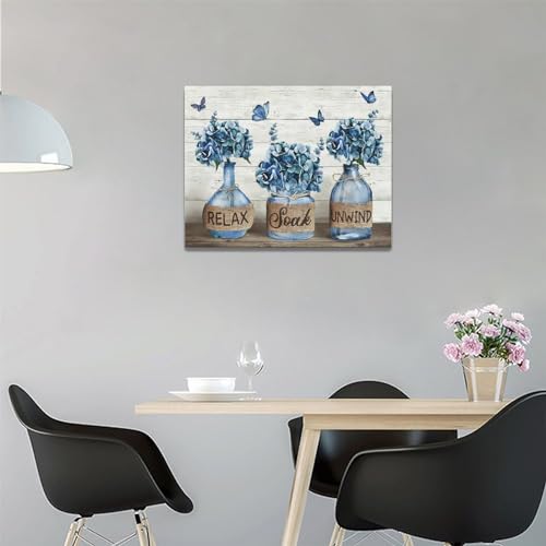 Tijuboni Farmhouse Bathroom Decor Wall Art Rustic Navy Blue Hydrangea Flower Pictures Canvas Prints Country Relax Soak Unwind Bathroom Sign Butterfly Artwork Modern Home Decor Ready to Hang 12"x16" - Image 4