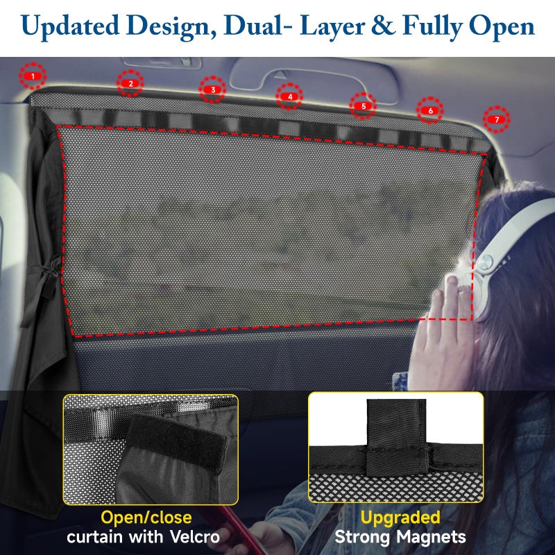 DIZA100 Car Window Shades, [2025 Updated] 2 Pack Car Sun Shade for Baby, Double Layer & Fully Open, Magnetic Back Window Curtain, Sun Shade Covers Privacy Screen - Image 3