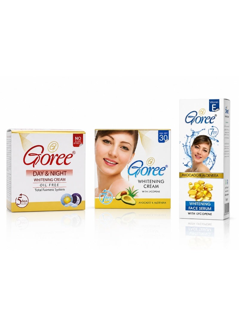جوري مجموعة Goree الأصلية لتفتيح البشرة 3 قطع – كريم تفتيح الوجه + كريم تفتيح ليلي + سيروم الوجه بفيتامين E – ترطيب وتوحيد لون البشرة والعناية اليومية - Image 1