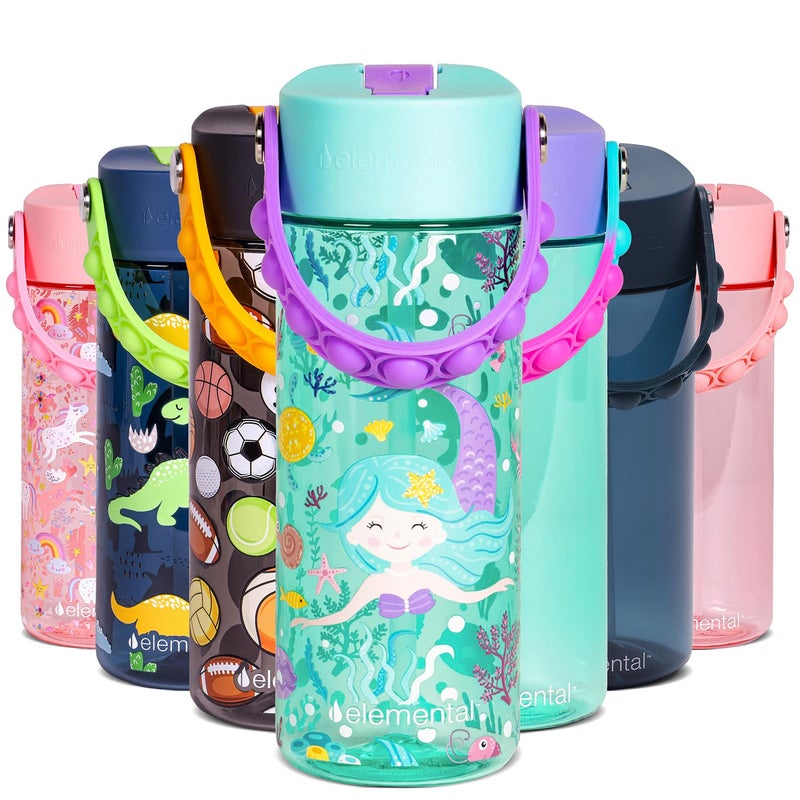 Elemental Water Bottles for Kids Splash Kids Water Bottle for School with Popit Handle BPA Free Tritan Plastic Water Bottle with Straw Leak Proof when Spout is Closed Mermaid 18oz