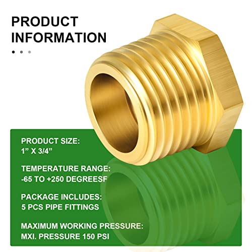 TAISHER 5PCS Brass Reducer Hex Bushing Threaded Pipe Fitting 1" NPT Male x 3/4" NPT Female Adapter - Image 5