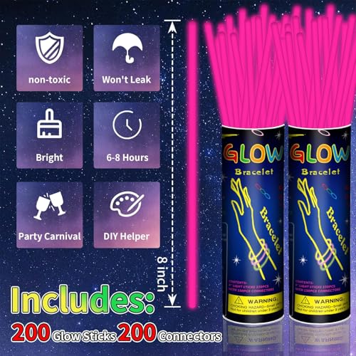 Taikula 200 Pack 8 Glow Sticks Bulk Party Favors Pink Light Up Sticks with Connectors Neon Glow in the Dark Party Supplies Bracelets for Holiday Birthday Party DecorationPink - Image 5