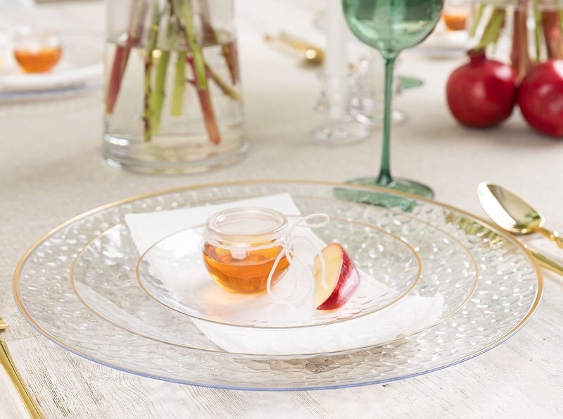 PLASTICPRO 30 Pack Hammered Plastic Plates Heavyweight Disposable Plastic Plates Elegant Clear Hammered Rim Platsic Party Dishes (Hammered Clear With Gold Rim, 9'' INCH PLATES) - Image 2