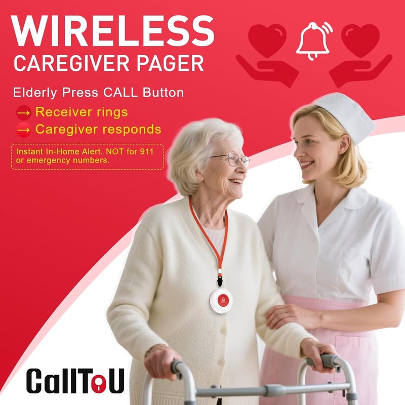 CallToU Caregiver Pager Wireless Call Button Nurse Alert System Help Button for Home/Elderly/Patient/Disabled Attention Pager 500+ Feet 1 Plugin Receiver 1 Waterproof Transmitter, CC01US+01A - Image 2