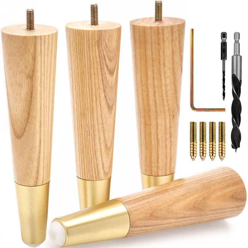 Airy Abode Premium Ash Wood Furniture Legs with Gold Caps Full Install Kit  Pick Your Size and Color