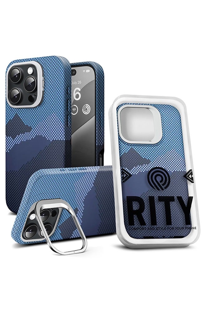 ريتي غطاء هاتف لايفون 16 برو, فاخر بنقشة كيفلار وحامل مدمج خلف الكاميرا ودعم الشحن اللاسلكي MagSafe – تصميم متين وحماية متكاملة - Image 1