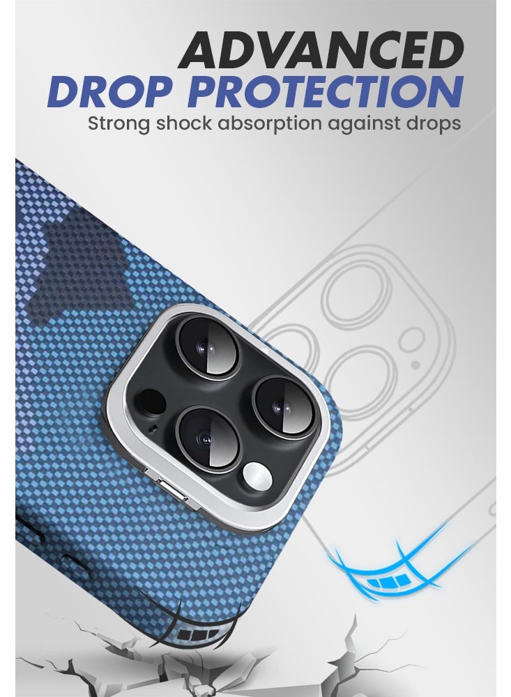 ريتي غطاء هاتف لايفون 16 برو, فاخر بنقشة كيفلار وحامل مدمج خلف الكاميرا ودعم الشحن اللاسلكي MagSafe – تصميم متين وحماية متكاملة - Image 4