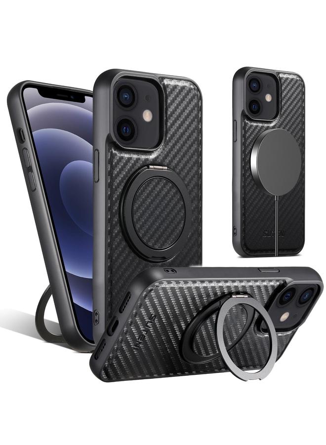 Suteni Case For iPhone 12 / 12 Pro G3 Carbon Fiber Leather 360 Rotation Holder MagSafe Phone Case - Image 1