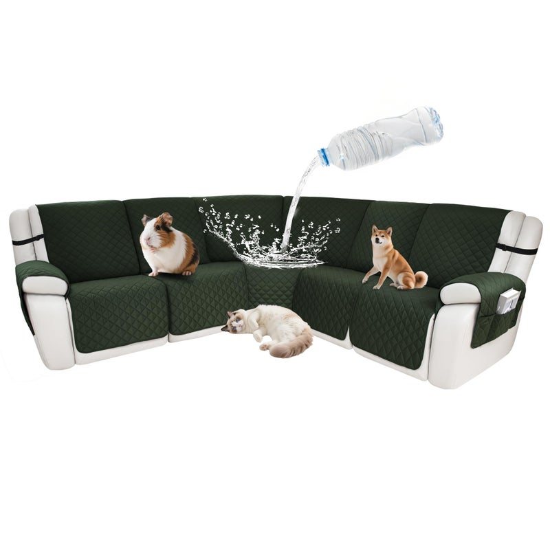 ROFASVCO Waterproof Sectional Reclining Couch Covers L Shaped Recliner Sectional Sofa Cover 7 Piece Non Slip Washable Corner Recliner Slipcover Set for Pet Dog 5 Seater Cover Olive Green