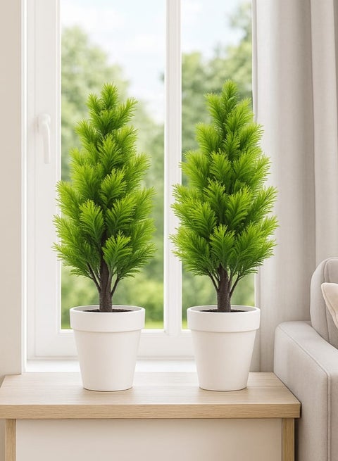 Set Of 2 Tall Decorative Vases With Artificial Green Shrubs – 40 Cm