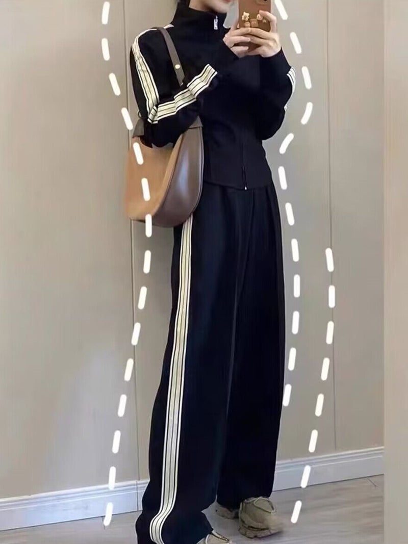 Chic Fishbone Tracksuit Womens Casual Fashion Set Black suit 