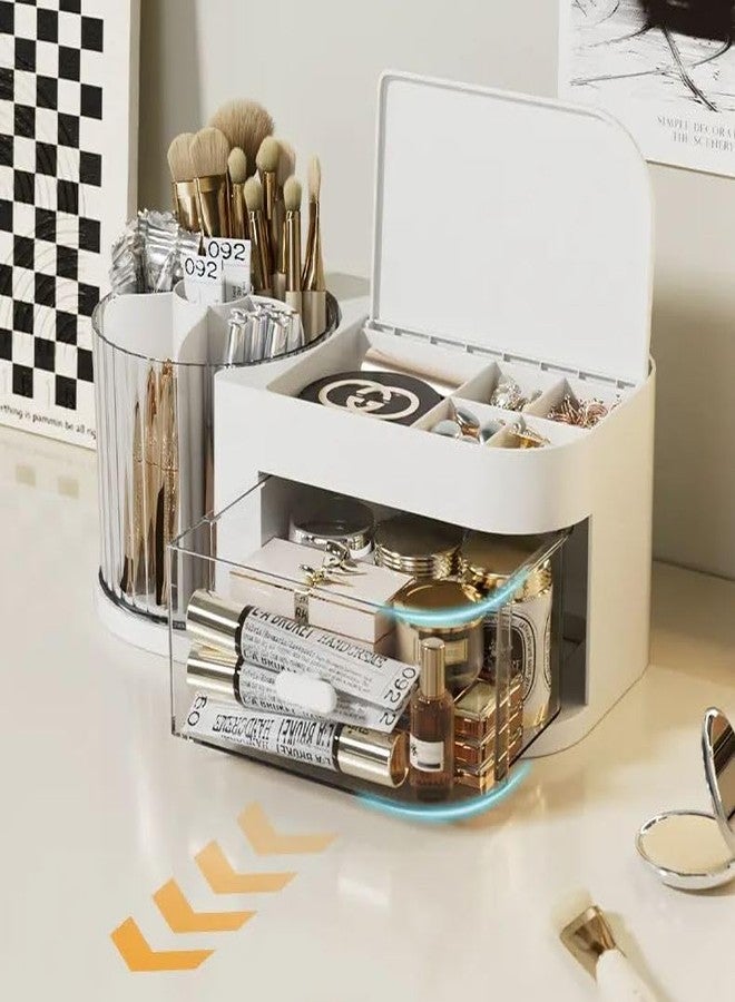 Azelf 1pc Rotating Multi-Purpose Organizer for Stationery & Cosmetics - Large Capacity Vanity Display Case, Lazy Makeup Storage Solution, Beige Cosmetic Storage Organizer Makeup Drawer Organizer - Image 3