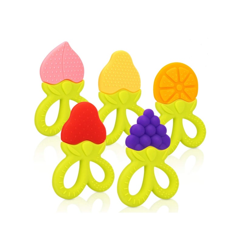 SOLARAE 5 Pack BPA Free Silicone Fruit Teether Toy with Storage Case, for 3 Months Above Infant Sore Gums Pain Relief - Image 1