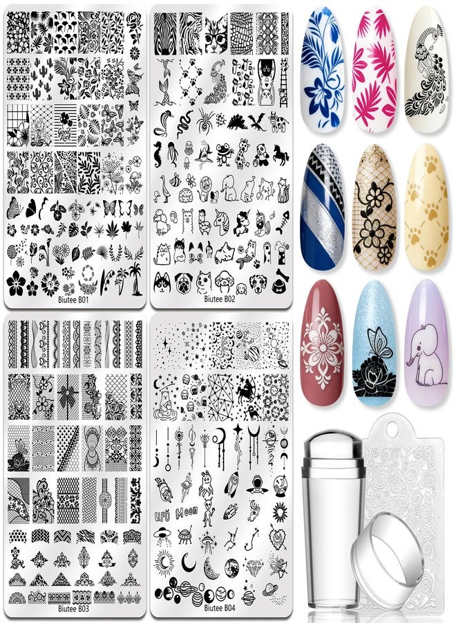 Biutee 4PCS Large Nail Stamping Plates Set, Nail Stamper Kit with Stamper and Scraper, Nail Stamping Kit with French Lace Flower Animal Star Space Patterns for DIY Nail Art Decoration - Image 1