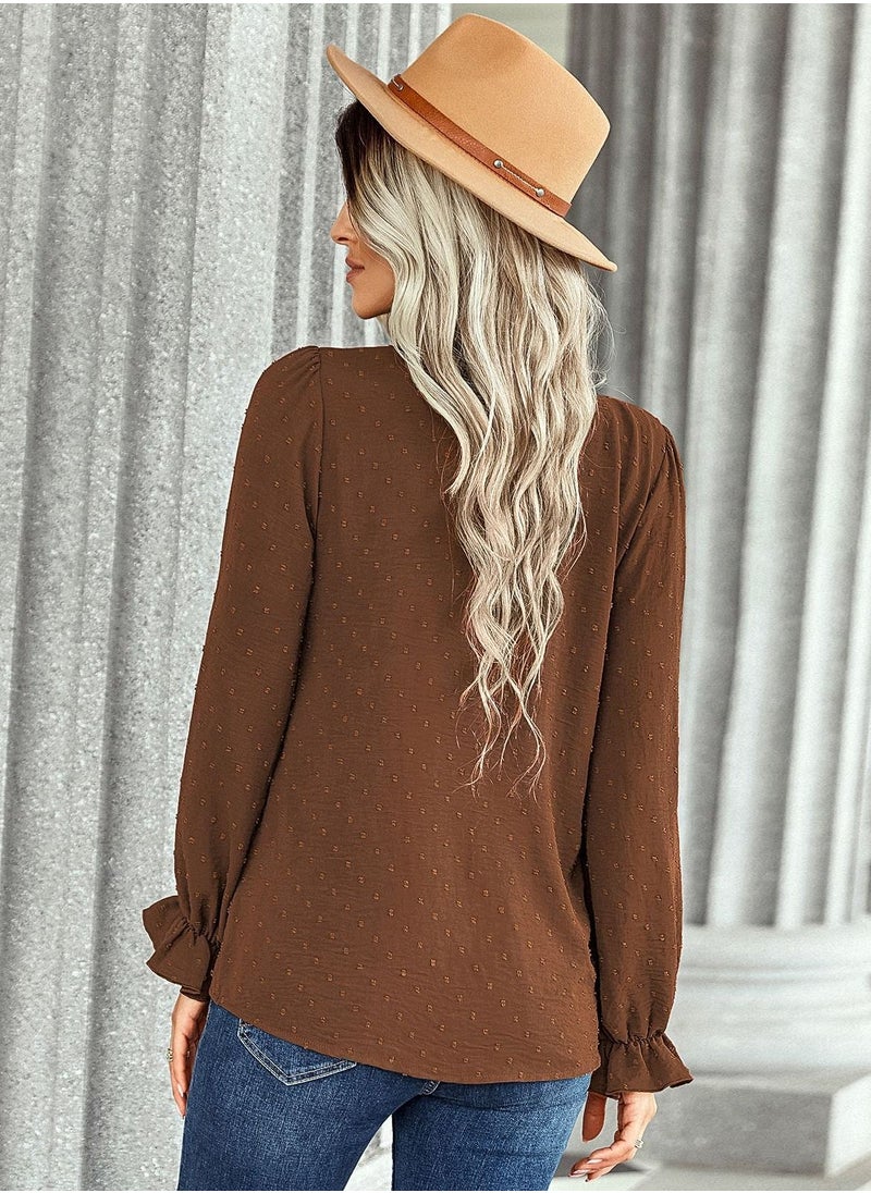 Loquat - Solid V-neck Pullover Shirt Loose Shirt Brown - Image 1