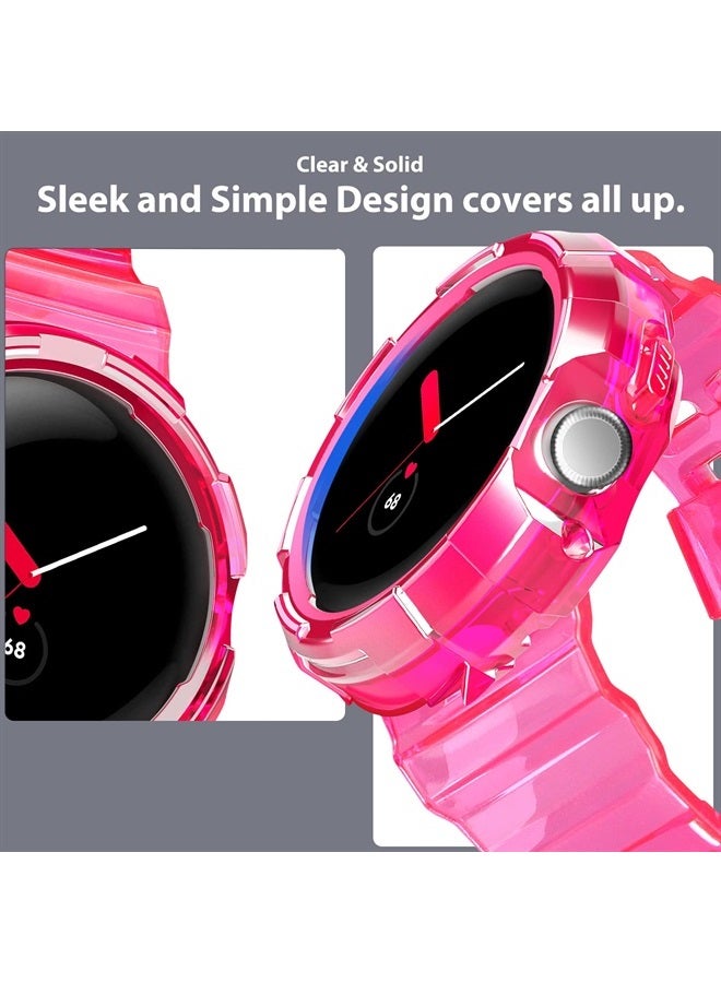 for Google Pixel Watch Case with Band for Women Men Protective Durable Transparent Replacement Adjustable Wristband Clear Shockproof Bumper Strap Band designed for Google Pixel Watch 2022 Pink