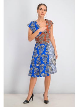 MANGO Women Printed Colorblock Dress, Blue and Brown  - Image 2