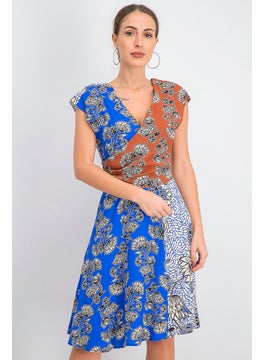 MANGO Women Printed Colorblock Dress, Blue and Brown  - Image 1