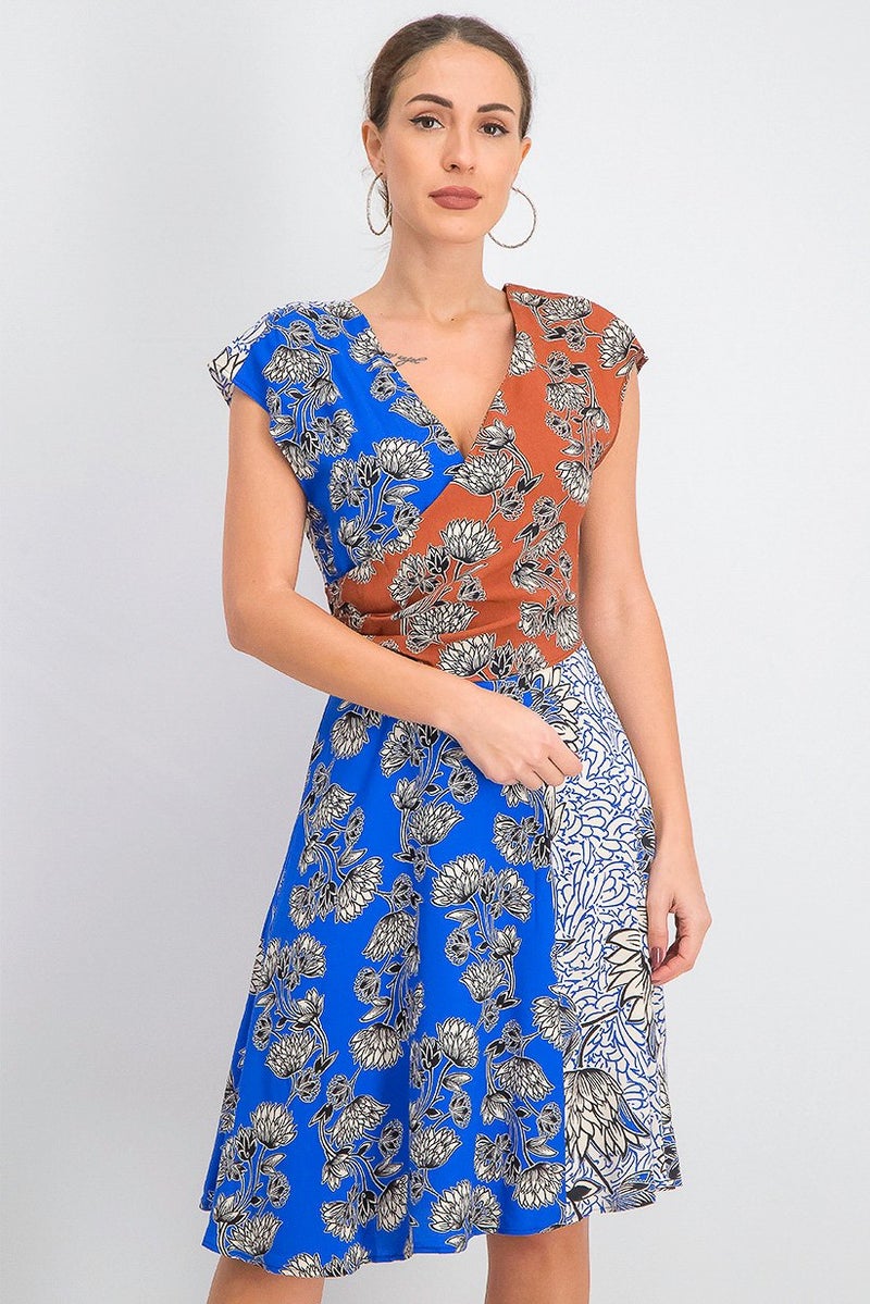 MANGO Women Printed Colorblock Dress, Blue and Brown - Image 1
