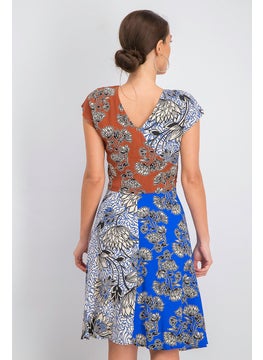MANGO Women Printed Colorblock Dress, Blue and Brown  - Image 3