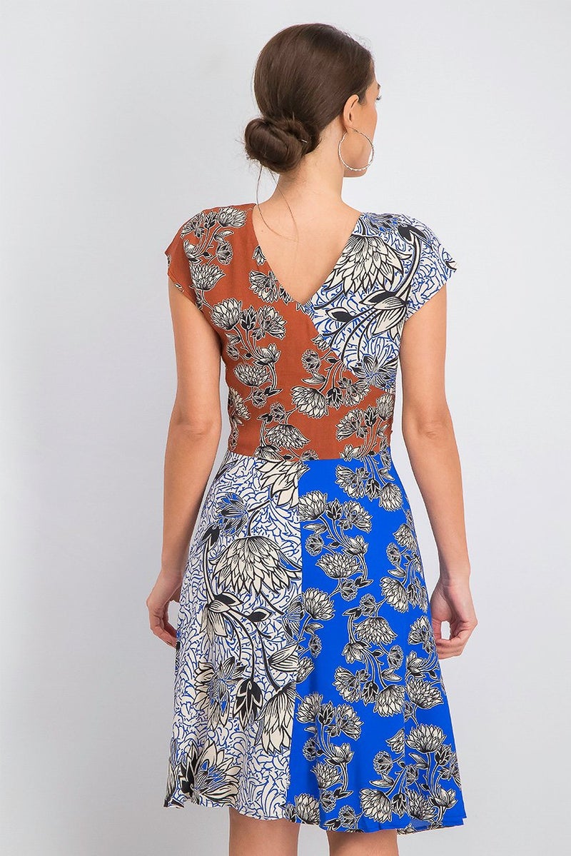 MANGO Women Printed Colorblock Dress, Blue and Brown - Image 3