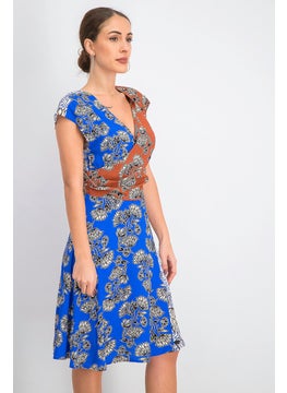 MANGO Women Printed Colorblock Dress, Blue and Brown  - Image 4