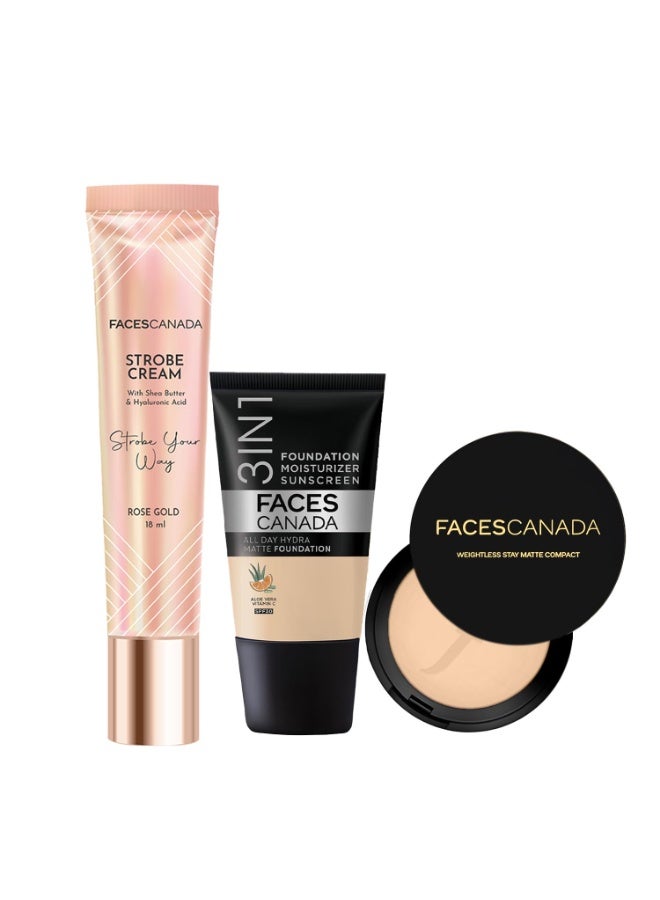 Facescanada FACES CANADA Full Cover Glam Combo - Strobe Cream - Rose Gold (18 ml) + Weightless Stay Matte Compact Powder - Natural 02 (9 gm) - Hydra Matte Foundation - Absolute Ivory 012 (18 ml) | Illuminating & Glowing Makeup Base | 10HR Long Wear - Image 1