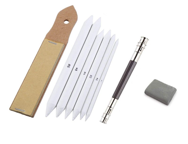 Definite White Paper Stump/Art Blender/Tortillons with Kneadable Eraser, Pencil Extender & Sand Paper for Graphite Charcoal Pencils (Set of Stumps, Kneadable Eraser, Pencil Extender & Sand Paper) - Image 1
