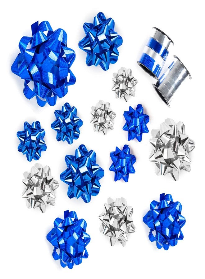 WRAPAHOLIC 16 Pcs Gift Bows Assortment - 14 Multi Colored Assorted Size Gift Bows (Holographic Royal Blue and Silver and 2 Crimped Curling Ribbons for Christmas, Holiday, Party - Image 1