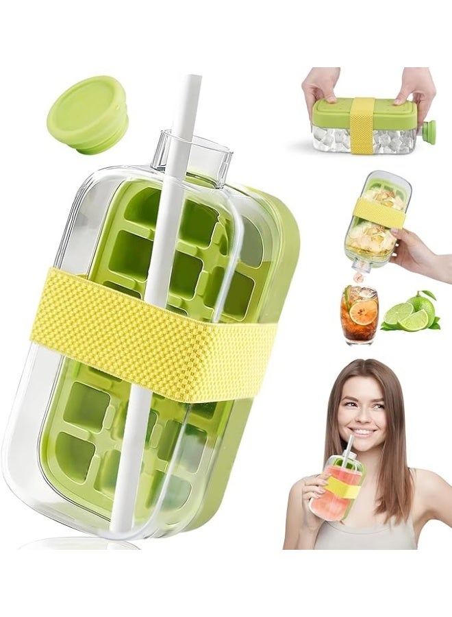 Happy Home Ice Cube Bottle, 2 in 1 Ice Cube Tray Water Bottle with Lid and Bin, Ice Cube Making Bottle, Easy Press to Release Silicone Ice Cube Tray for Juice Beverages Coffee (Green,800 ML) - Image 1