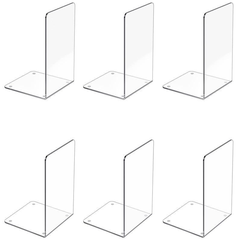Dooiclear Acrylic Bookends 6 Pcs, Clear Book Ends for Shelves, Transparent Bookend Organizer, Book Holder Stand Decorative, Book Stoppers for Heavy Duty Books, CD, File, Video Games - Image 1