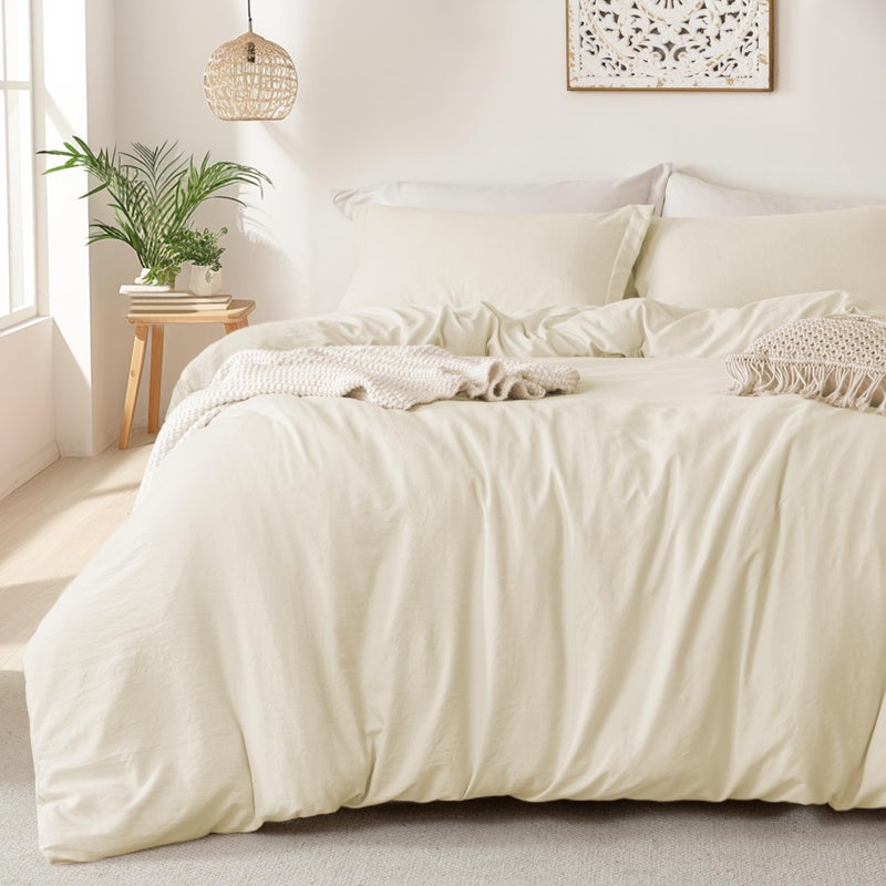 MILDLY Duvet Cover Queen Size - Super Soft Beige Duvet Cover Set 3 Piece 100% Washed Microfiber Bedding Set with Zipper Closure, 1 Duvet Cover 90x90 inches and 2 Pillow Shams - Image 1